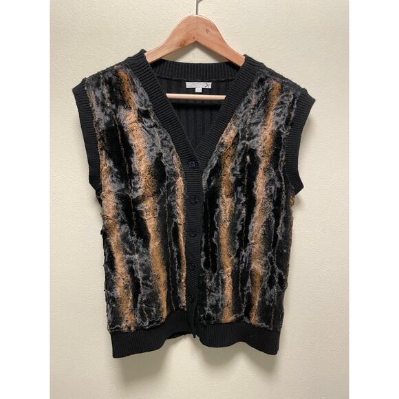Vintage Womens Sweater Vest Medium Black Wool Blend Faux Fur Button Up Mob Wife - Picture 1 of 7